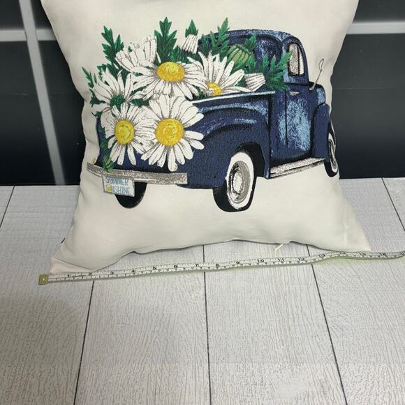 White Pillow with Blue Vintage Truck and Daisies - Picture 9 of 12